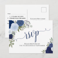 Elégant bleu aquarelle Roses mariage RSVP