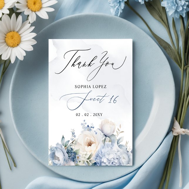 Carte Postale Elégant bleu bleu bleu floral doux 16 Merci (Elegant Dusty Blue Floral Sweet 16 Thank You Postcard)