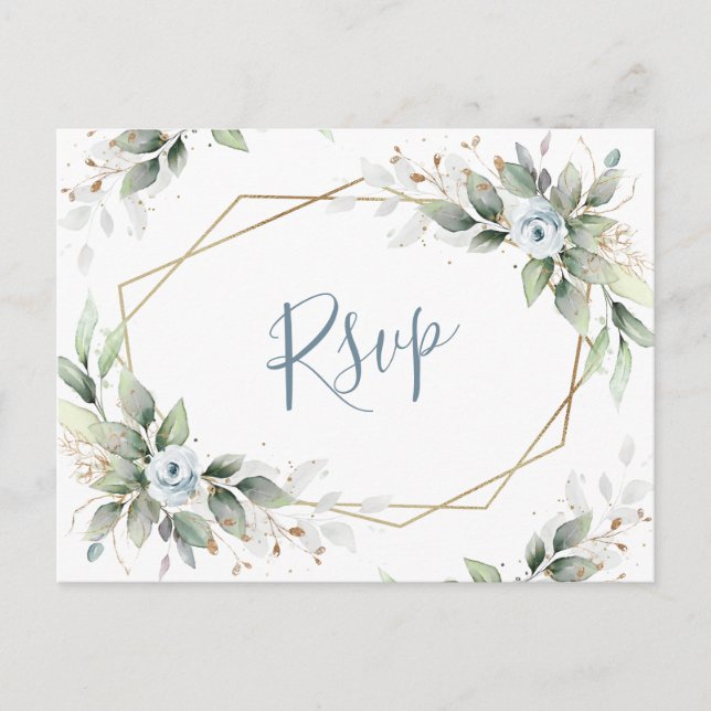 Carte Postale Elégant bleu bleu bleu floral vert Aquarelle RSVP (Devant)