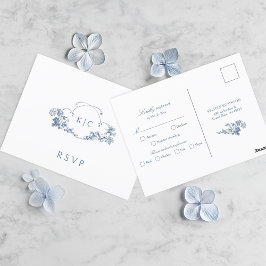 Carte Postale Elégant bleu Dusty Français Floral Crest RSVP