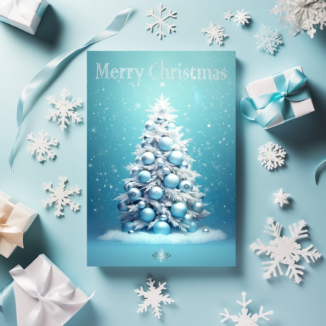 Carte Postale Elégant Bleu et Argent de Noël (Whimsical Blue and Silver Winter Wonderland Christmas Tree Merry Christmas Holiday Postcard)