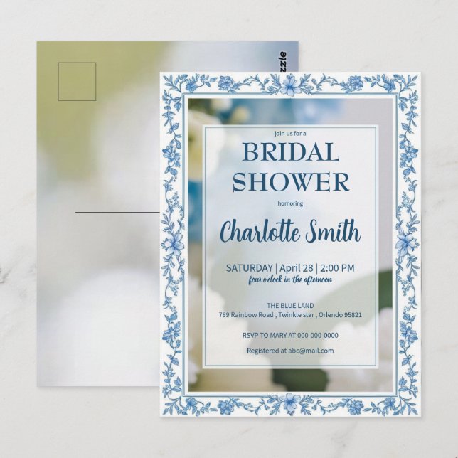 Carte Postale Elégant bleu Fleur chinoiserie douche de mariage (Devant / Derrière)