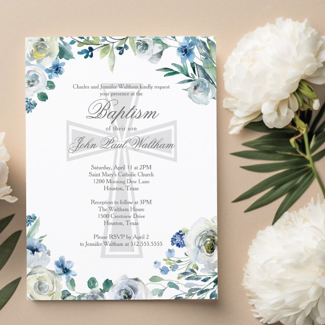 Carte Postale Élégant bleu floral croisé religieux Baptême (Créateur téléchargé)