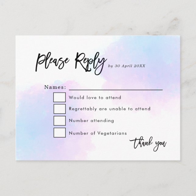Carte Postale Elégant bleu/Lilac Aquarelle/Mariage de script RSV (Devant)