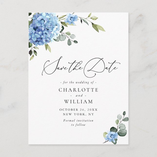 Carte Postale Elégant Blue Hydrangea Wedding Enregistrer la date (Devant)