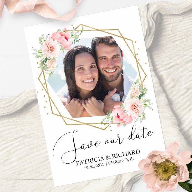 Carte Postale Elégant Blush Floral Photo Enregistrer la date Mar (Créateur téléchargé)