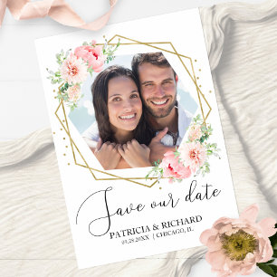 Carte Postale Elégant Blush Floral Photo Enregistrer la date Mar