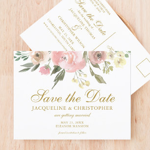 Carte Postale Élégant Blush Pink Gold Floral Enregistrer la date