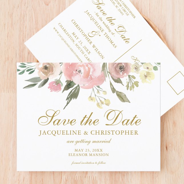Carte Postale Élégant Blush Pink Gold Floral Enregistrer la date (Créateur téléchargé)