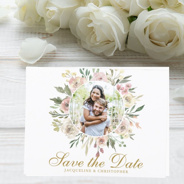 Carte Postale Élégant Blush Rose Floral Photo Or Enregistrer La  (Créateur téléchargé)