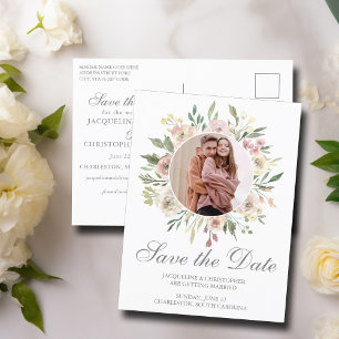Carte Postale Elégant Blush rose Sage Floral Photo Enregistrer l