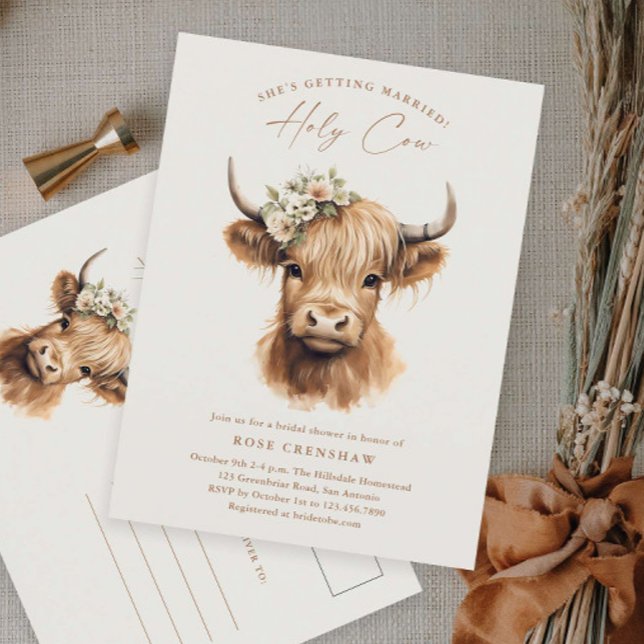 Carte Postale Élégant Boho Highland Cow Shower de Mariée (Boho highland cow bridal shower invitaiton postcard.)