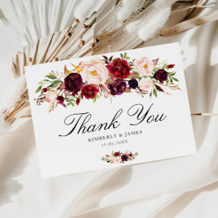 Carte Postale Elégant bordeaux et mariage floral roux merci