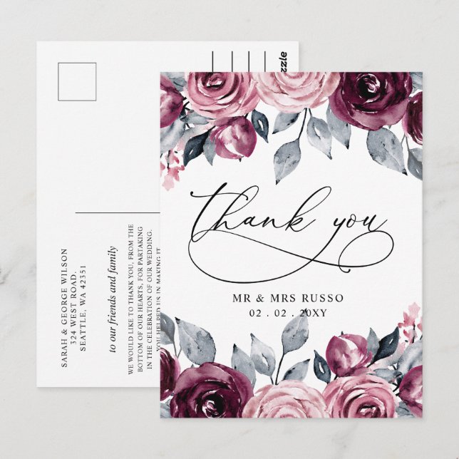 Carte Postale Elegant Botanical Blush Burgundy Floral Thank You (Devant / Derrière)