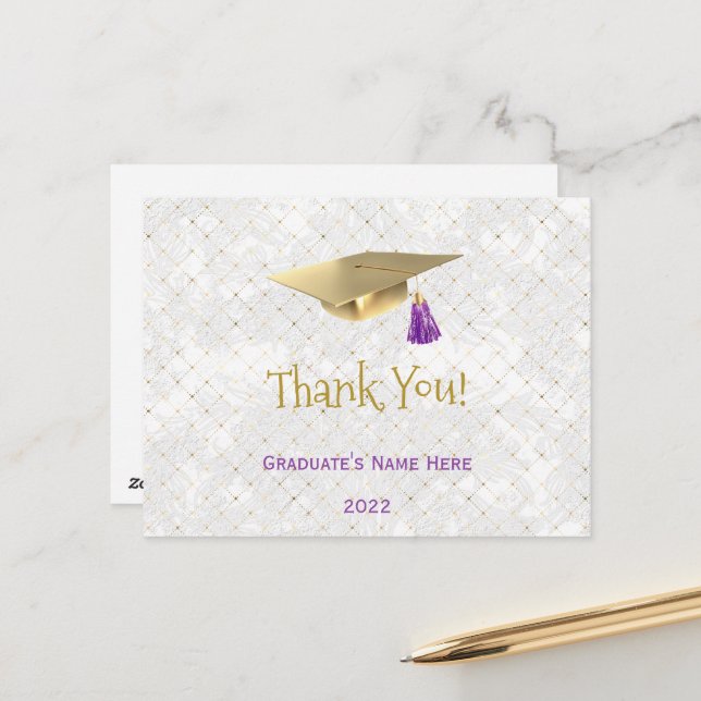 Carte Postale Élégant bouchon or violet Merci diplômé (Devant/Arrière en situation)