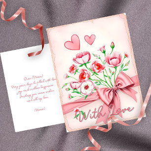 Carte Postale Elégant bouquet floral rose et blanc aux coeurs