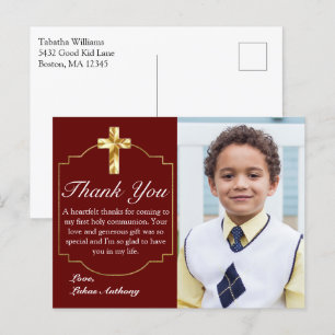 Carte Postale Elégant Bourgogne Gold Cross 1ère communion Merci 