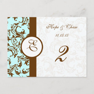 Carte Postale Élégant Brown Vintage Damask sur Light Aqua Blue