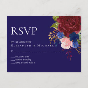 Carte Postale Elégant Burgundy Bleu Floral Budget Mariage RSVP