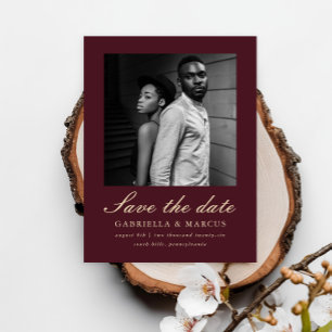 Carte Postale Elégant Burgundy Deux mariage photo Enregistrer la