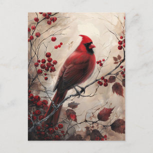 Carte Postale Elégant Cardinal et Berries peinture faunique