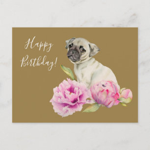 Carte Postale Elégant Carlin et pivoines   Anniversaire