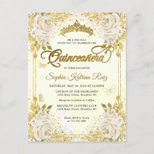 Carte Postale Elégant Champagne Floral Gold Tiara Quinceañera