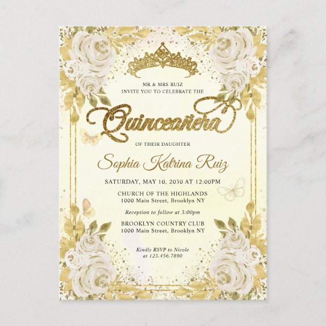 Carte Postale Elégant Champagne Floral Gold Tiara Quinceañera (Devant)