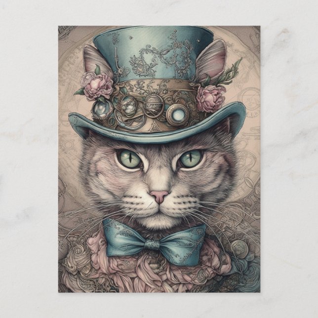 Carte Postale Élégant chat Steampunk (Devant)