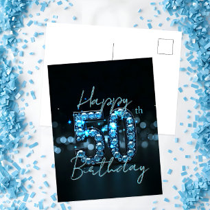 Carte Postale Élégant Chic Bleu Saphir et Noir 50e Anniversaire