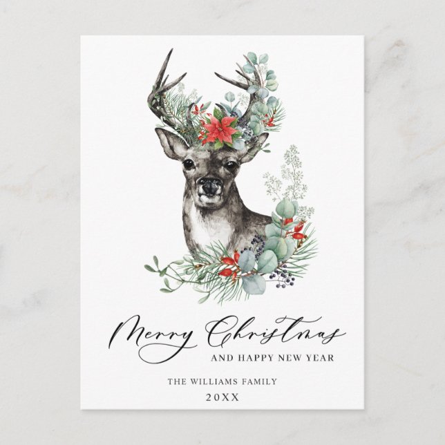 Carte Postale Élégant Deer Poinsettia Noël Salutation de Noël (Devant)