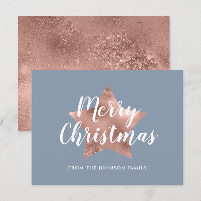 Carte Postale Elégant Dusty Blue Rose Rose Gold Star Noël (Devant / Derrière)