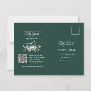 Carte Postale Élégant Emerald Green Feuilles QR Code Adresse RSV