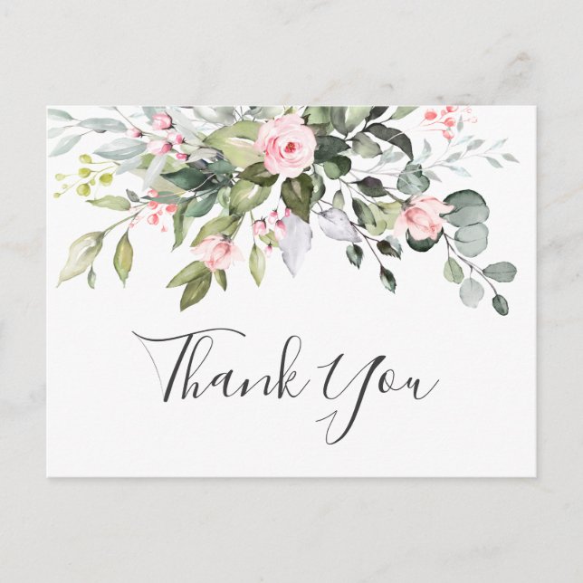 Carte Postale Elégant Eucalyptus Blush Rose Roses Merci (Devant)