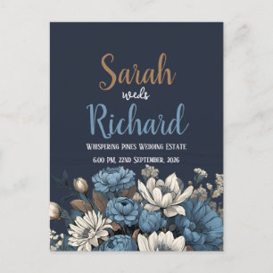 Carte Postale Elégant Faire-part de mariage floral bleu marine