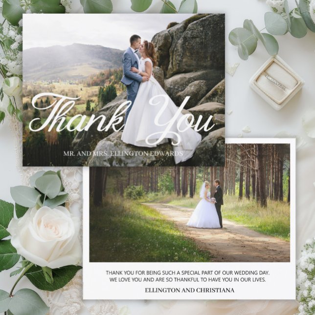 Carte Postale Élégant faire-part de remerciement de mariage 2 ph (Elegant calligraphy script, 2-photo wedding "Thank you" card)