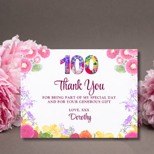 Carte Postale Elégant Floral 100e anniversaire, 100 ans Merci