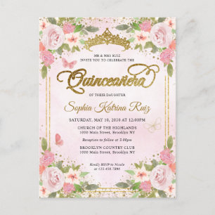 Carte Postale Elégant floral bleu rose or Tiara Quinceañera