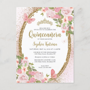 Carte Postale Elégant floral bleu rose or Tiara Quinceañera
