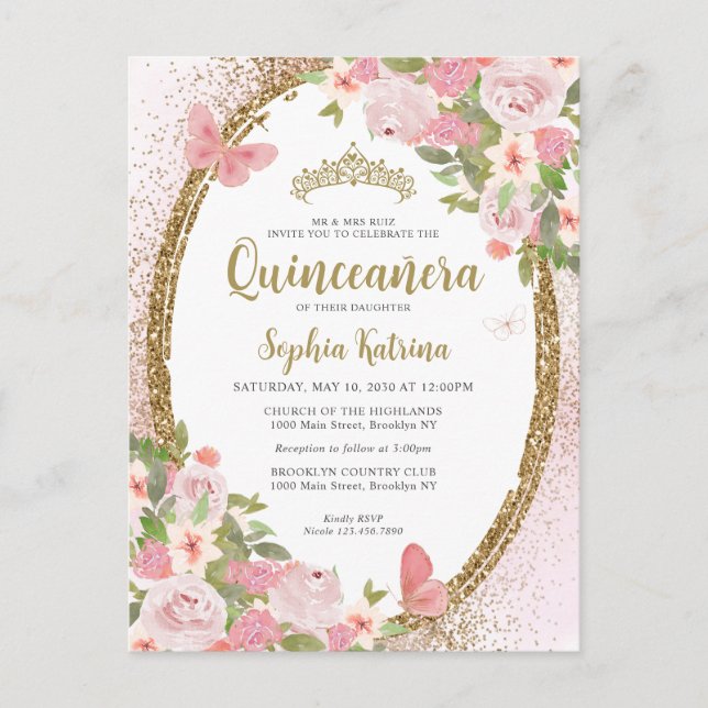 Carte Postale Elégant floral bleu rose or Tiara Quinceañera (Devant)