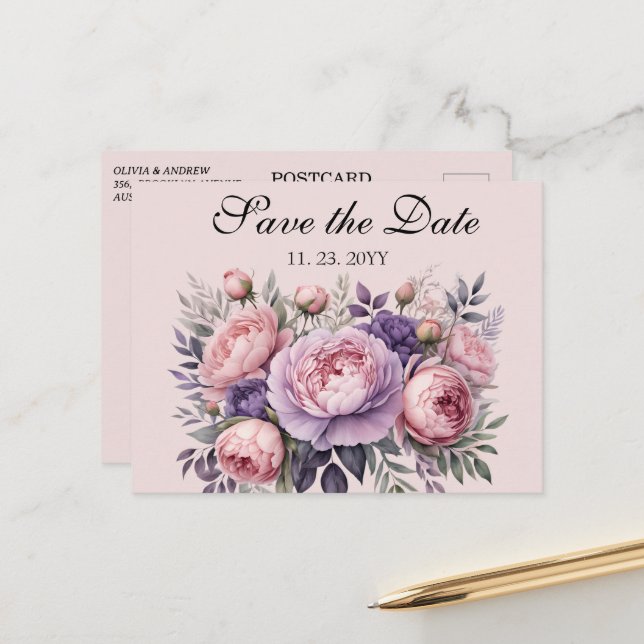 Carte Postale Elégant floral dans pastel doux Enregistrer la dat (Devant/Arrière en situation)