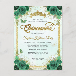 Carte Postale Élégant Floral Emerald Green Glam Gold Quinceañera