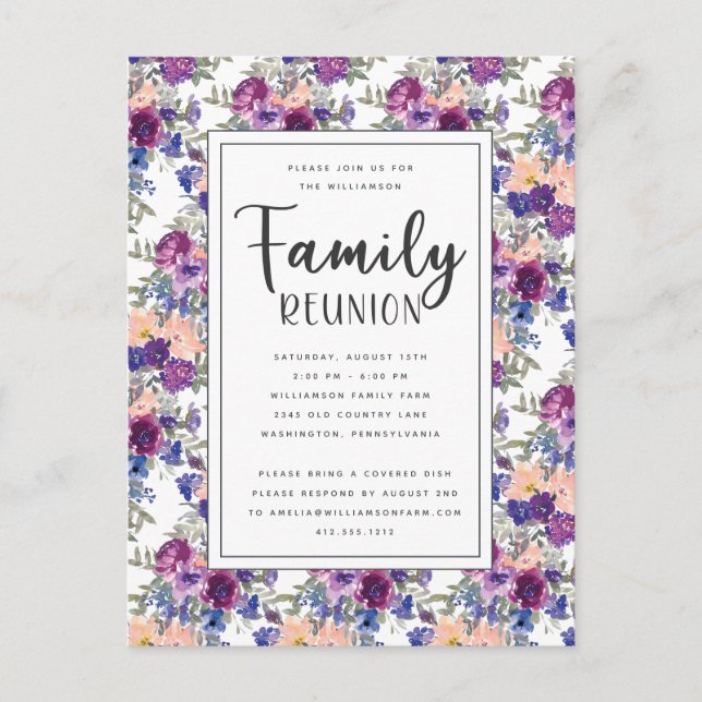 Carte Postale Élégant Floral Lettré À La Main Script Famille Réu (Devant)