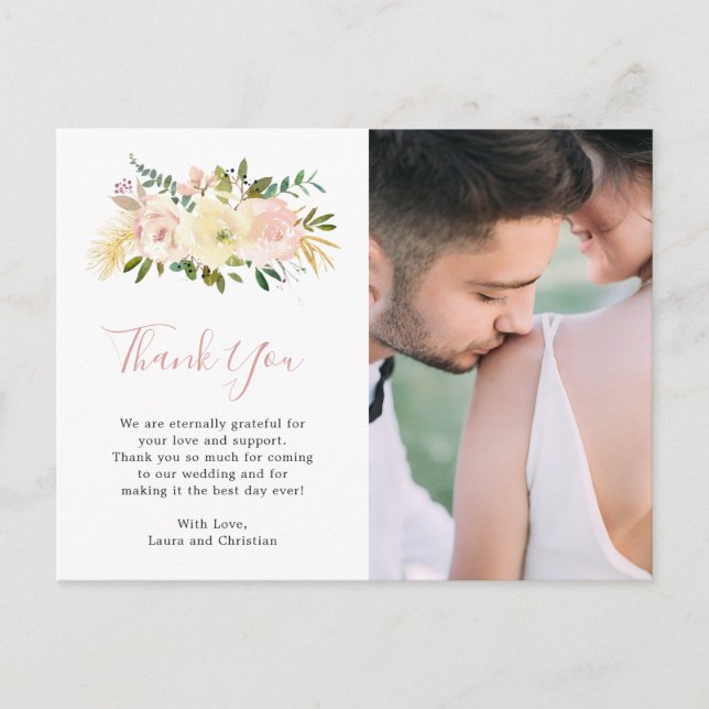 Carte Postale Élégant floral rose rose pâle Mariage photo Merci (Devant)