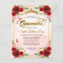 Elégant Floral Rouge Rose Or Tiara Quinceañera