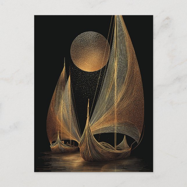 Carte Postale Elegant Gold Line Art Illustration of Longships (Devant)
