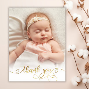 Carte Postale Élégant Gold Script Nouveau-né Baby Photo Merci