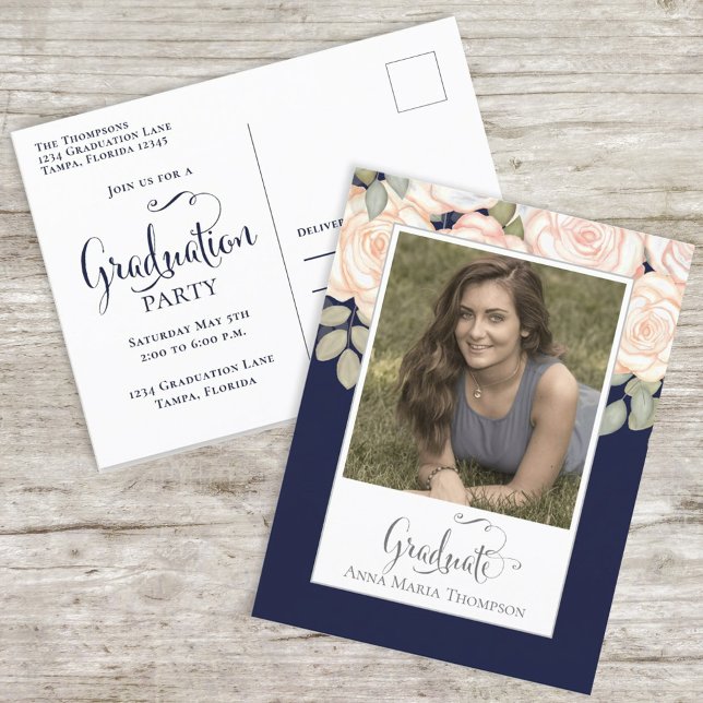 Carte Postale Elégant Gradué Floral Aquarelle Chic Marine Bleu (Créateur téléchargé)