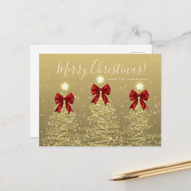 Carte Postale Elegant Holiday Gold Christmas Trees w/ Red Bows (Devant/Arrière en situation)