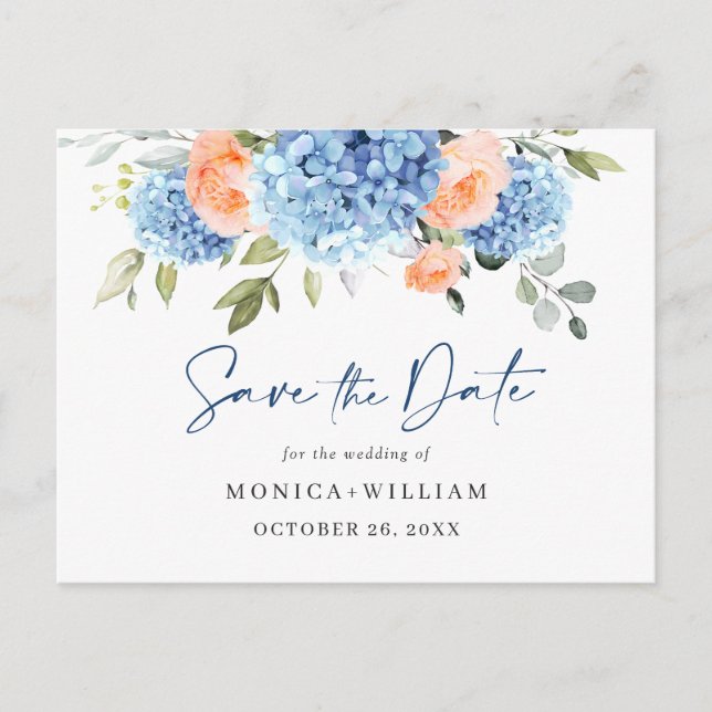 Carte Postale Élégant Hydrangea Bleu Mariage Save the Date (Devant)
